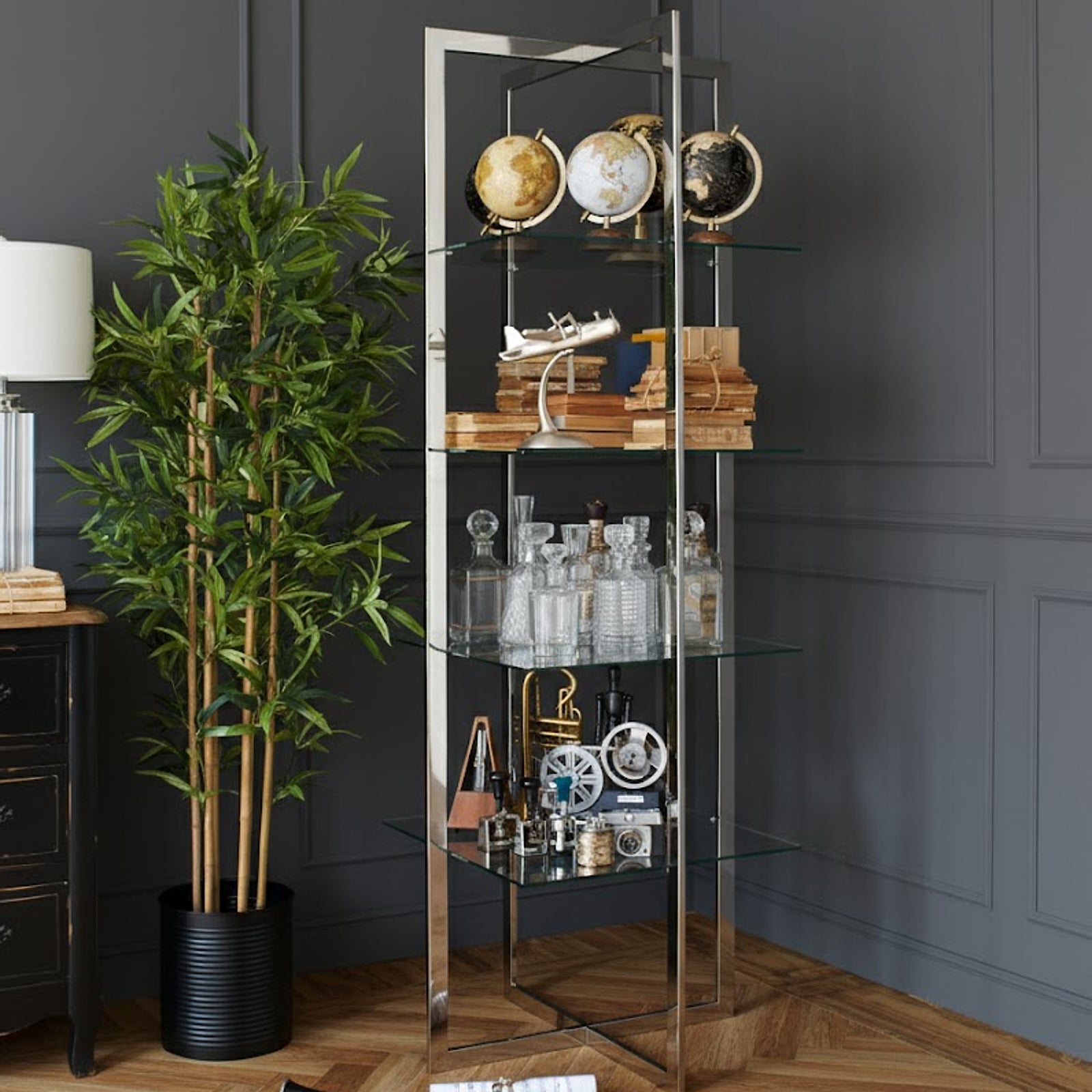 Libreria quadrata 4 ripiani in acciaio e vetro Vanderbilt Avenue 70 cm - OrchideaMilano1981