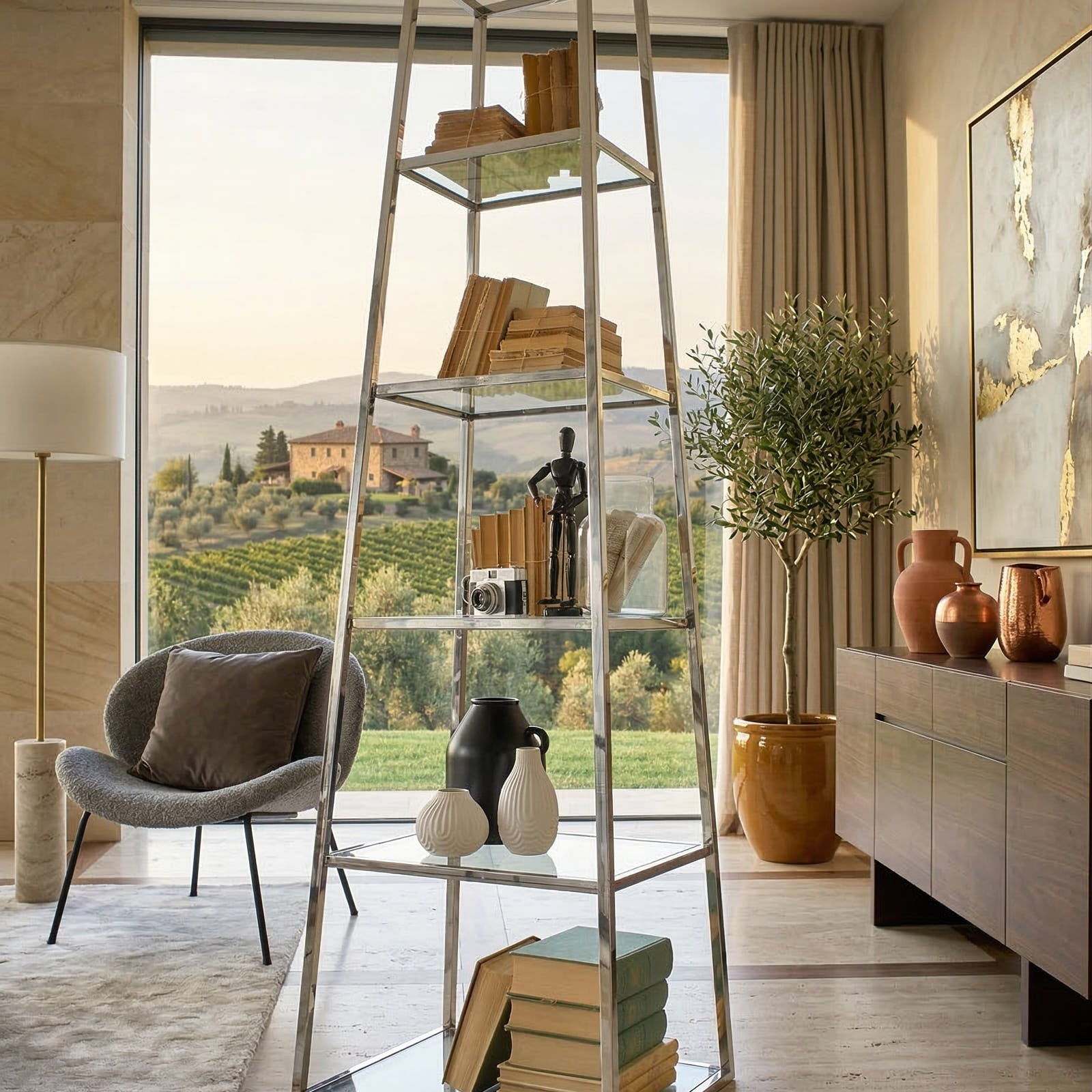 Libreria a piramide in acciaio e vetro Bryant Park 60 cm - OrchideaMilano1981