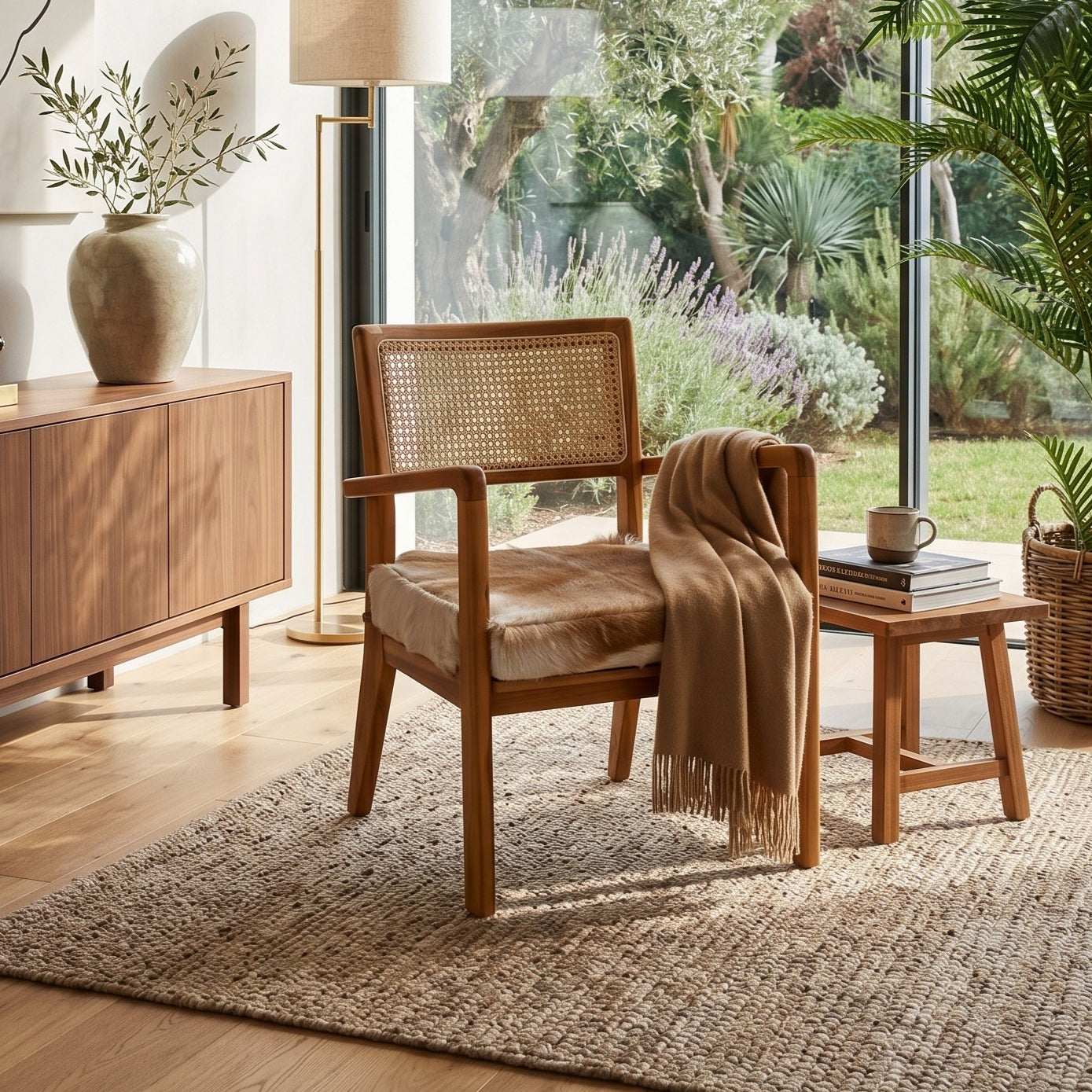 Poltrona in legno, pelle di capra e rattan Aspen - OrchideaMilano1981