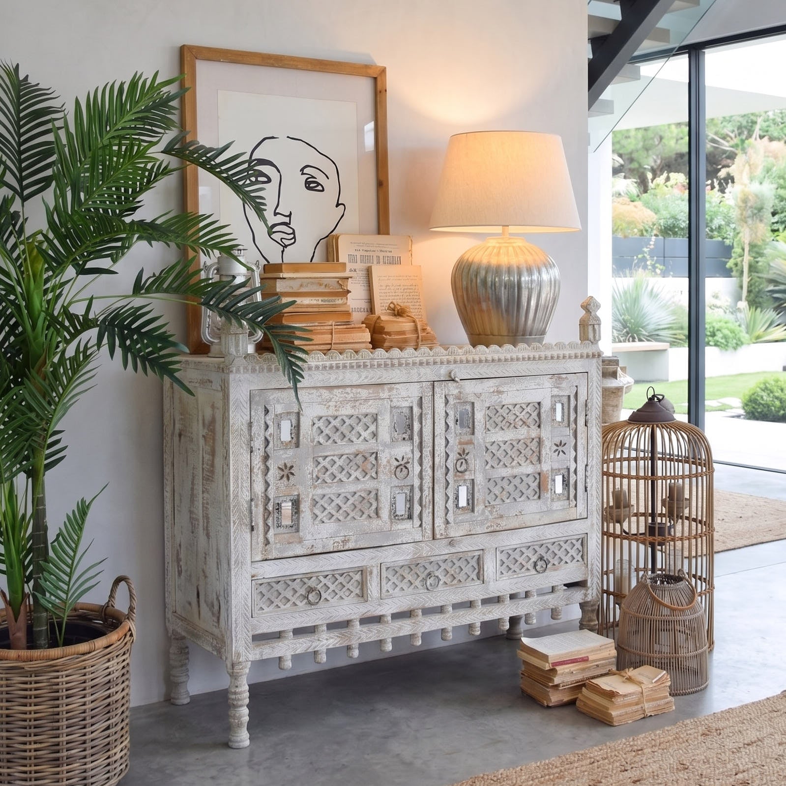 Credenza in legno di mango massello lavorato Gujarat 100 cm - OrchideaMilano1981