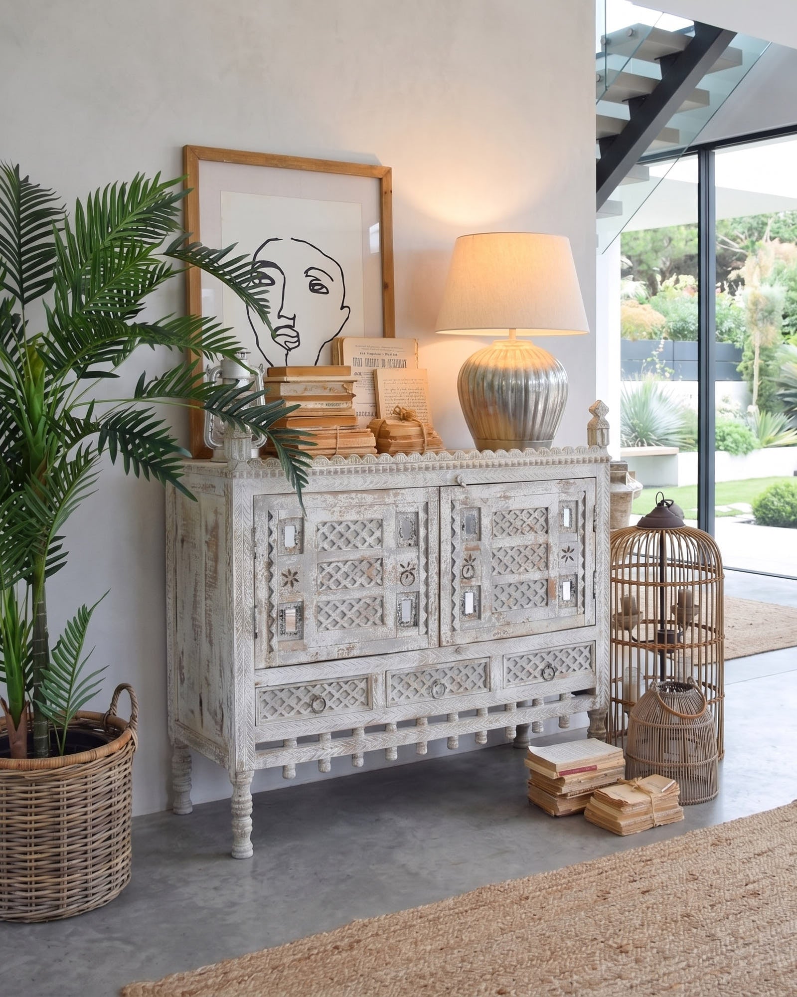 Credenza in legno di mango massello lavorato Gujarat 100 cm - OrchideaMilano1981