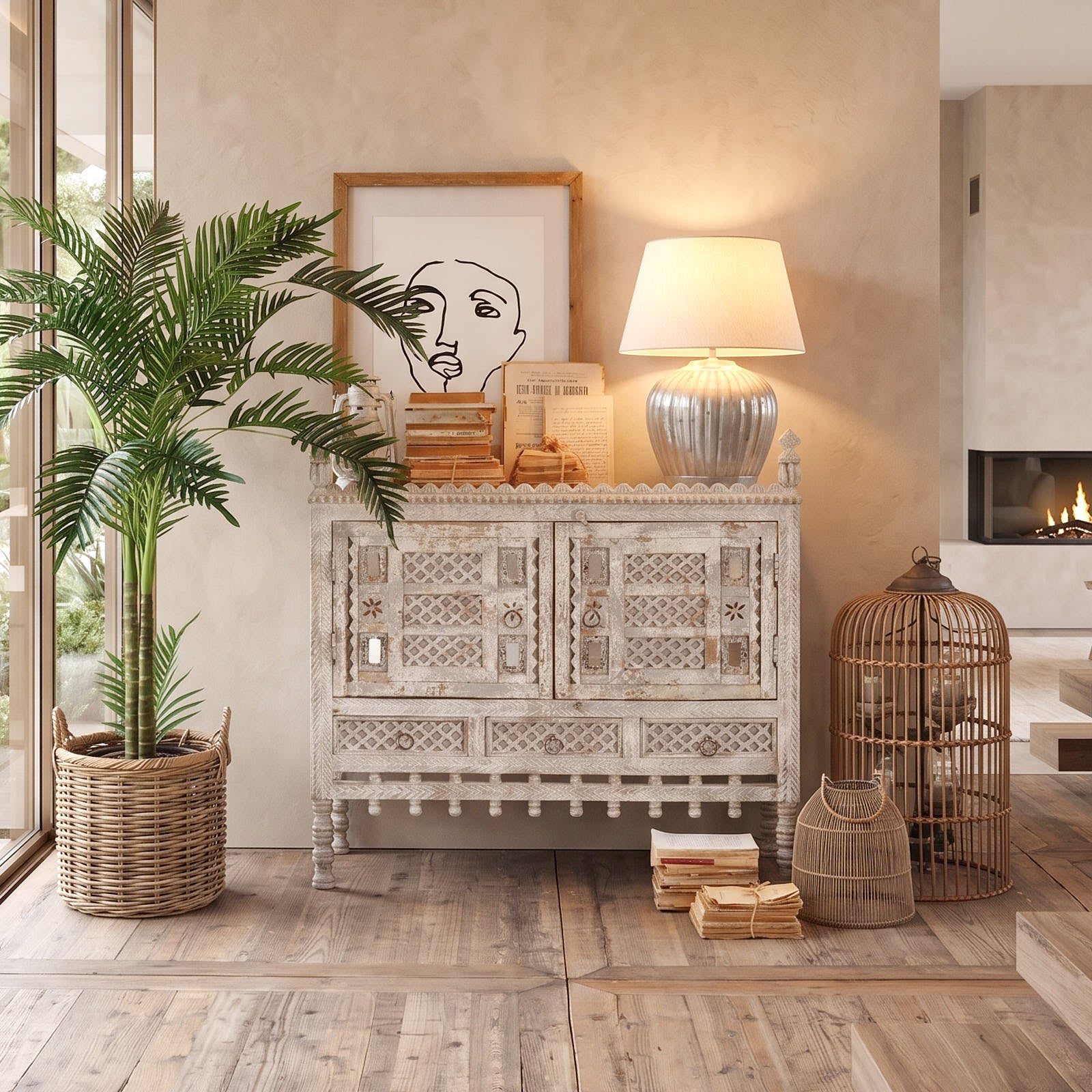 Credenza in legno di mango massello lavorato Gujarat 100 cm - OrchideaMilano1981