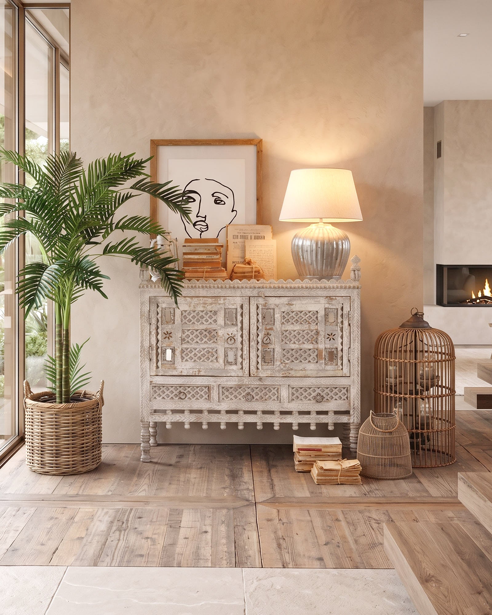 Credenza in legno di mango massello lavorato Gujarat 100 cm - OrchideaMilano1981