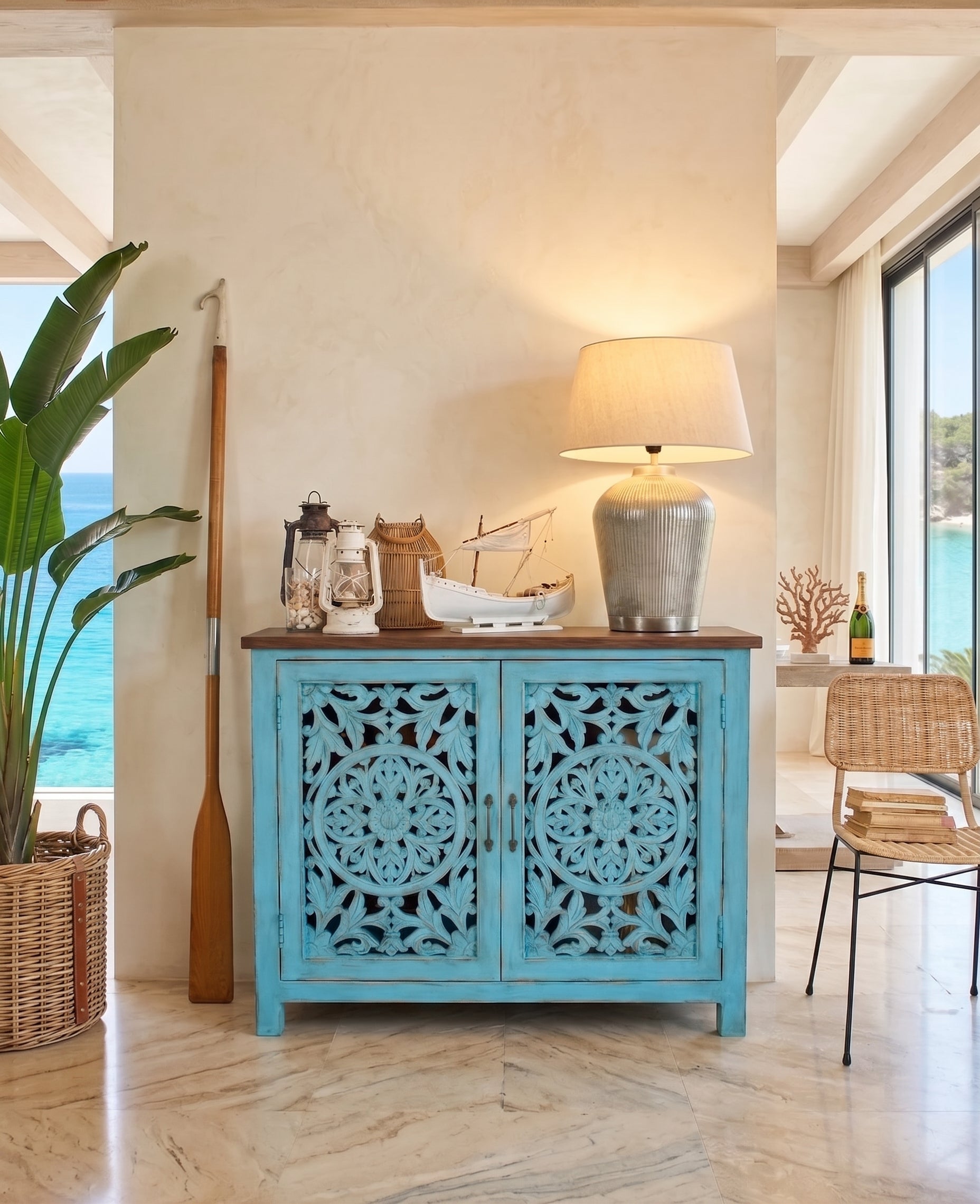 Credenza in legno di mango massello intagliato Madras 110 cm - OrchideaMilano1981