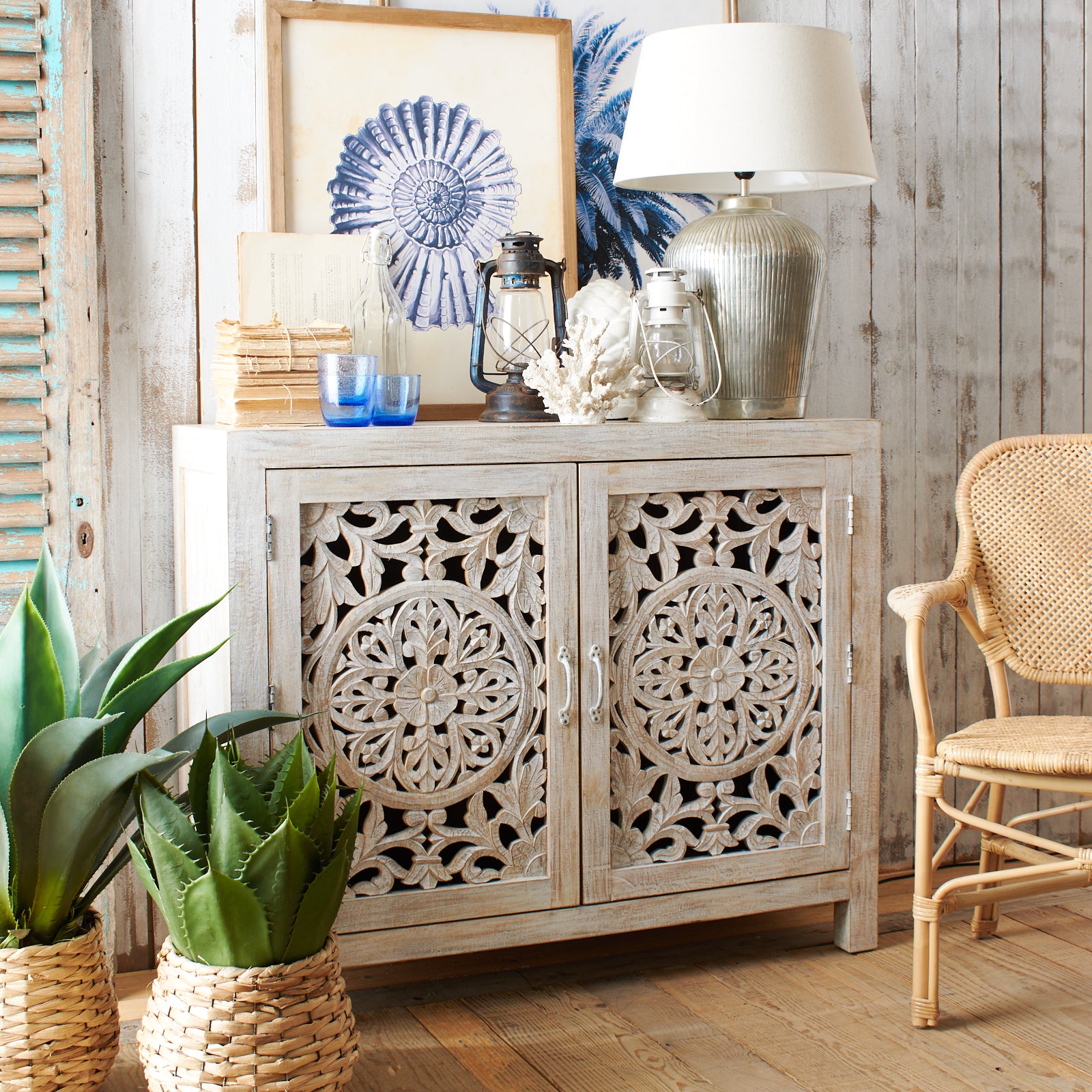 Credenza in legno di mango massello intagliato Jodhpur 110 cm - OrchideaMilano1981