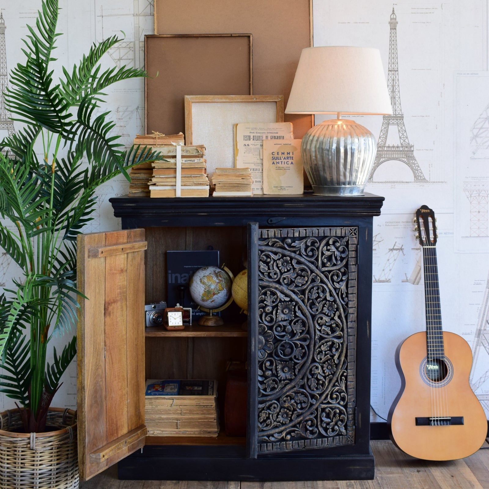 Credenza in legno massello intagliato Black Mood 97 cm - OrchideaMilano1981