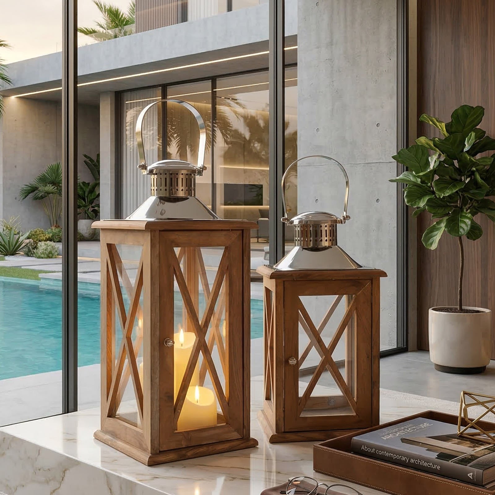 Lanterna da interno in legno e acciaio lucidato Lounge Club - OrchideaMilano1981