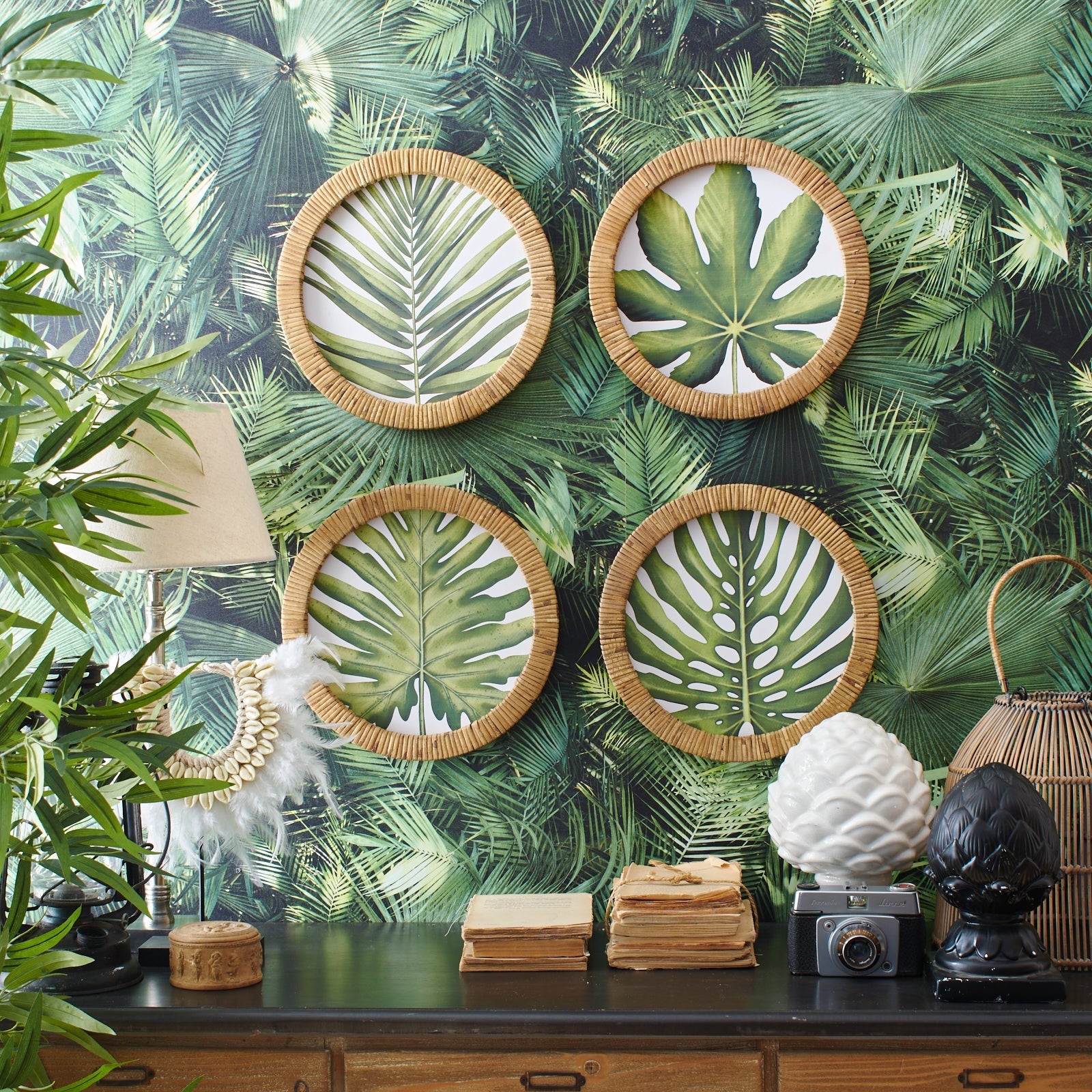 Stampe con cornice in rattan Green Leaves set da 4 - OrchideaMilano1981