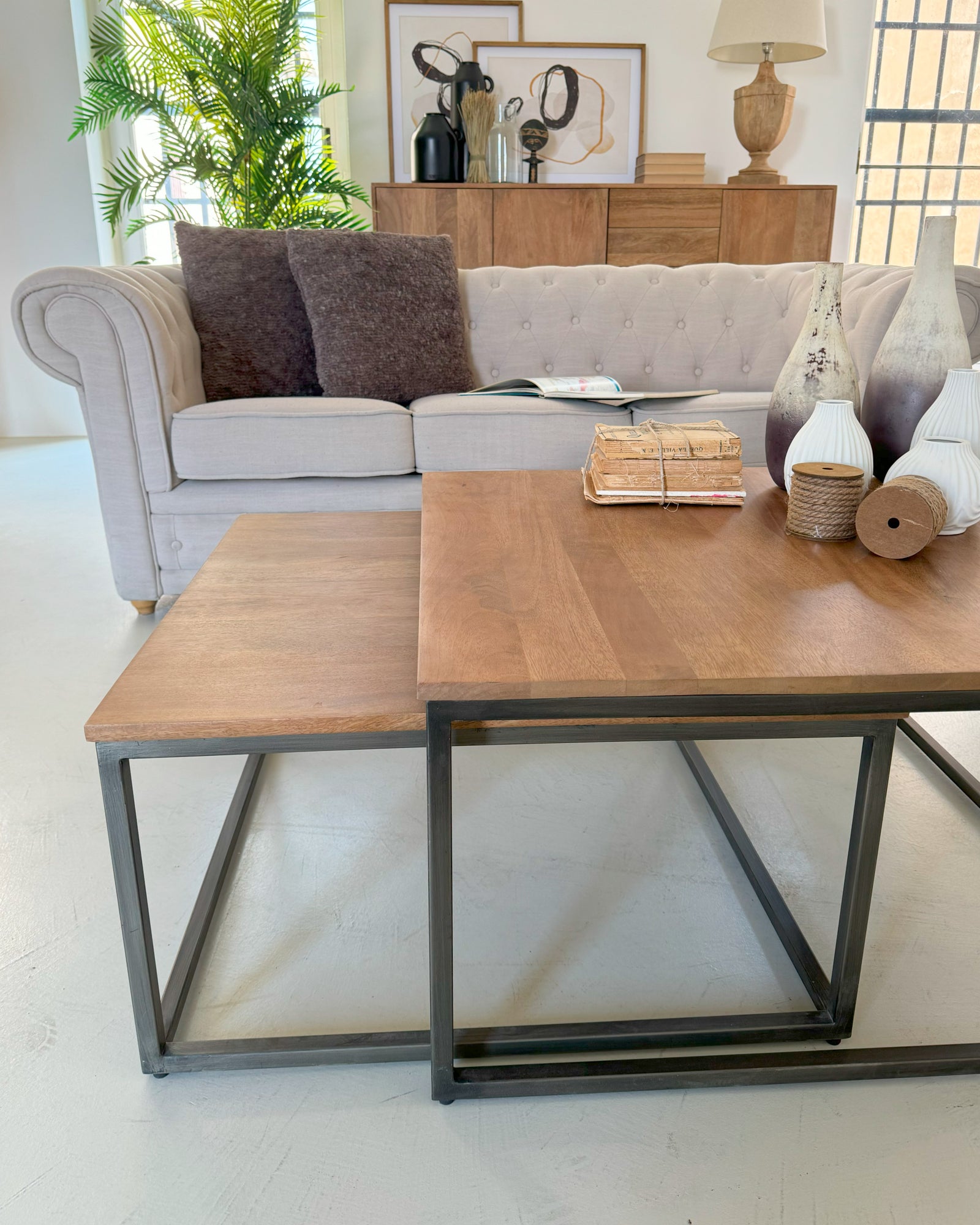 Set 3 Tavolini Da Salotto GIANTEX - 1 Rotondo E 2 Quadrati, Grigio, Piedini Regolabili - Foto 6